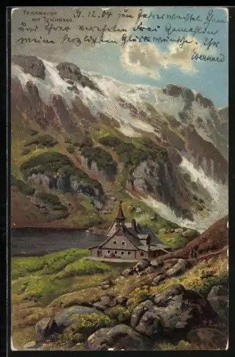 Künstler-AK Teichbaude (Baude am kleinen Teich) mit Teichrand