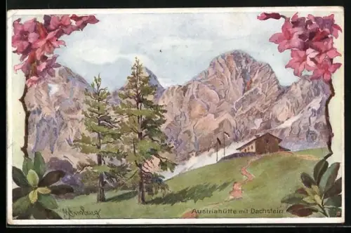 Künstler-AK Austriahütte, Panorama mit Dachstein