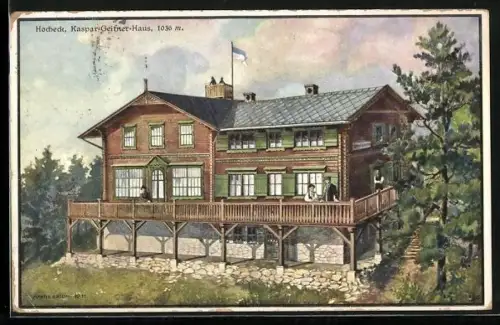 Künstler-AK Martin Anton: Kaspar-Geitner-Haus am Hocheck, Leute auf der Terrasse