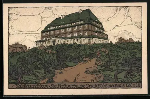 Künstler-AK Reifträgerbaude-Deutschböhmerhaus im Riesengebirge