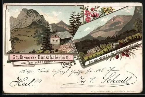 Lithographie Johnsbach im Gesäuse, Gsatterboden, Ennsthalerhütte am Tamischbachthurm, Ortsansicht