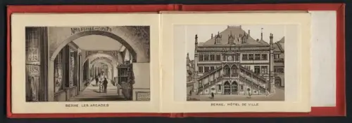 Leporello-Album 24 Lithographie-Ansichten Berne, Hospice du Grimsel, Giessbach Hotel, Mürren, Cathedrale, Rathaus, Horlo