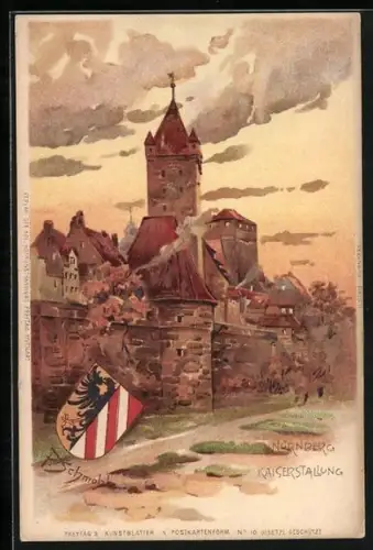Künstler-Lithographie P.Schmohl: Nürnberg, Blick zur Kaiserstallung, Wappen