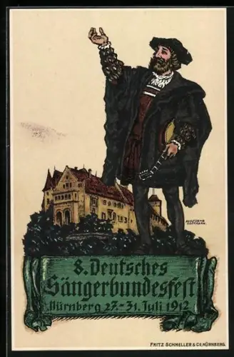 AK Nürnberg, 8. Deutsches Sängerbundesfest 1912, Sänger mit einer Mandoline vor einer Teilansicht