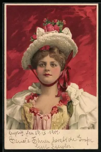 Lithographie Frau mit Hut voller Rosen