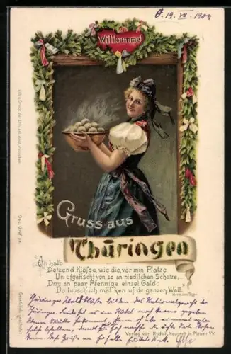 Lithographie Dame in Tracht mit Thüringer Klössen