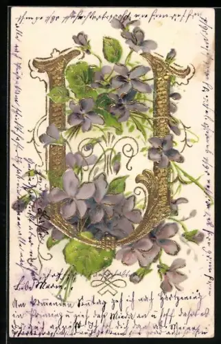 AK Goldener BuchstabeU mit violetten Blumen