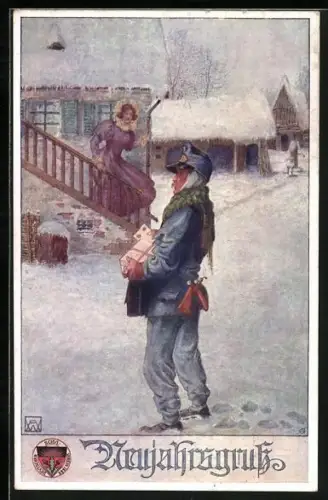 Künstler-AK Neujahrsgruss, Postbote mit Päckchen, Deutscher Schulverein