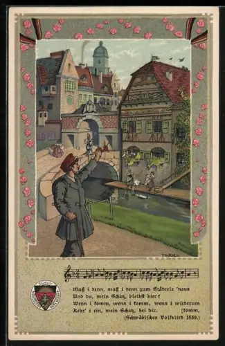 Künstler-AK T.Welzl: Wanderer verlässt winkend den Ort, Deutscher Schulverein