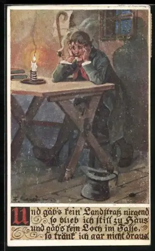 Künstler-AK F. Gareis: Wanderbursche sitzt an einem Tisch und raucht Pfeife