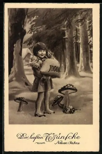 AK Mädchen mit Geldsack im Wald zwischen Fliegenpilzen