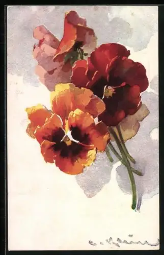 Künstler-AK Catharina Klein: rot-gelbe Stiefmütterchen