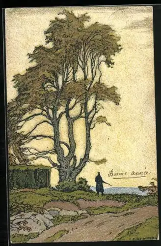 Künstler-AK Ernst E.Schlatter: Soldat mit Gewehr an einem Baum