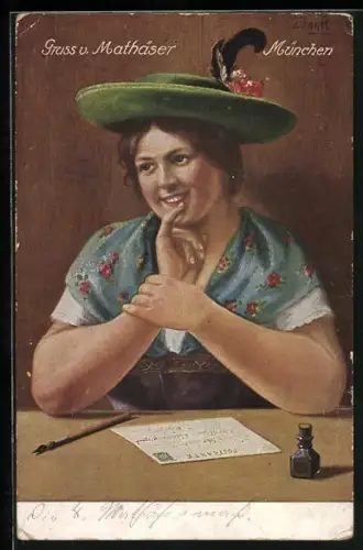 AK München, Gasthaus Mathäser-Bräu, Frau schreibt eine Postkarte, Ansichtskartengeschichte, Brauerei-Werbung