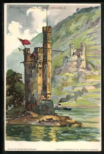 Künstler-AK C. Pfaff: Rüdesheim am Rhein, Mäuseturm & Ruine Ehrenfels