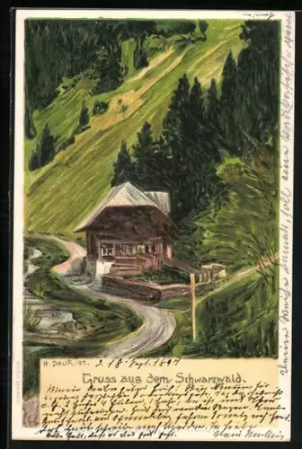 Künstler-Lithographie Hermann Daur: Partie am Schwarzwaldhaus