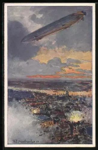 Künstler-AK Themistokles von Eckenbrecher: deutscher Zeppelin über Antwerpen im 1. Weltkrieg