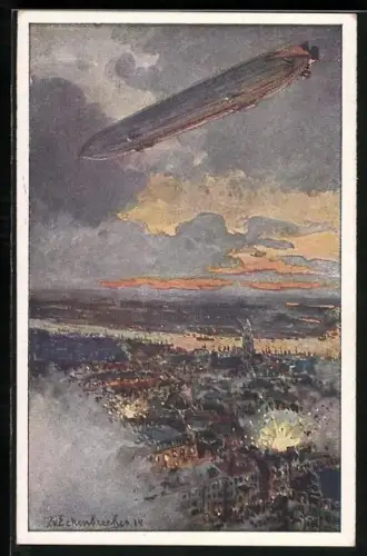 Künstler-AK Themistokles von Eckenbrecher: deutscher Zeppelin über Antwerpen im 1. Weltkrieg