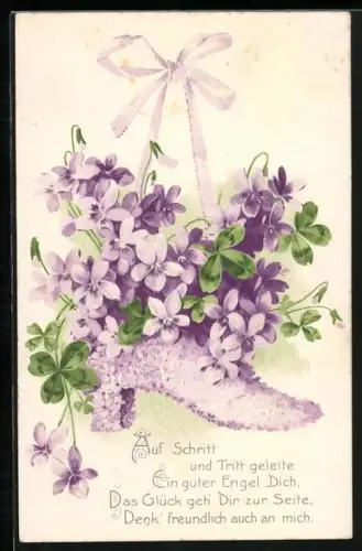 AK Schuh aus Blumen mit Blumenstrauss, Namenstagsgruss