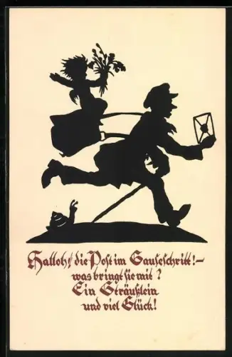 AK Halloh, die Post im Sauseschritt..., Briefträger, Schattenbild