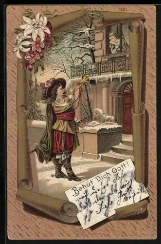 Lithographie Behüt Dich Gott!, Der Trompeter von Säckingen bläst Trompete für seine Liebste auf dem Balkon
