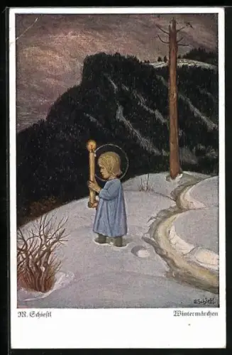 Künstler-AK Matthäus Schiestl: Wintermärchen, Kind mit Heiligenschein läuft mit grosser Kerze durch den Schnee