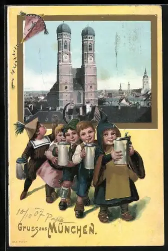 AK Münchner Kindl mit Kindern vor der Frauenkirche