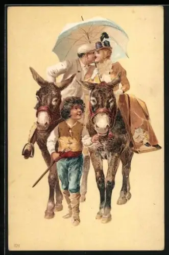 Lithographie Liebespaar auf Maultieren