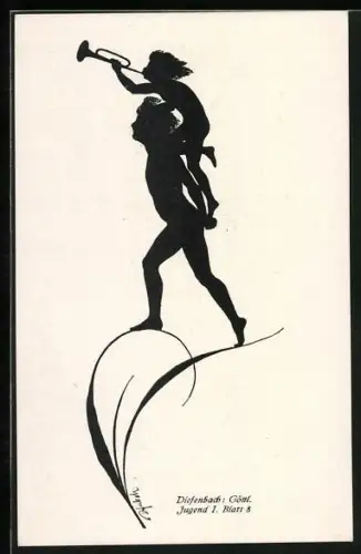 Künstler-AK Diefenbach: Serie Göttliche Jugend, Kind mit Trompete auf dem Rücken eines Älteren