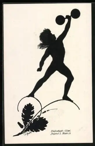 Künstler-AK Diefenbach: Göttl. Jugend I. Blatt 13: Junge stemmt die Hantel in die Luft, Schattenbild