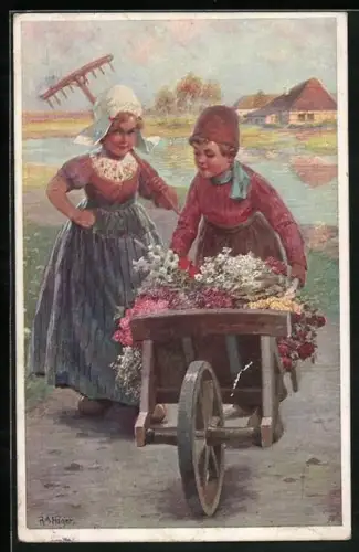 Künstler-AK Rud.A. Höger: Kinder in Tracht mit Blumenwagen