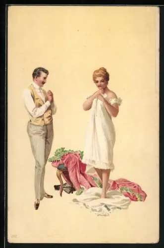 Künstler-AK Junge Dame zeigt sich dem Herrn im Nachtgewand, Erotik