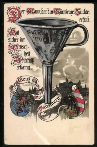 Lithographie Nürnberg, Der Nürnberger Trichter, Wappen, Ortsansicht