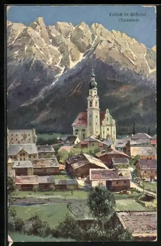 Künstler-AK Rudolf Alfred Höger: Toblach, Ortsansicht im Pustertal mit Dolomiten