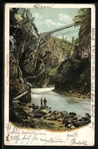 AK Tarvis, Schlitza Schlucht, Uferstelle mit Brückenpartie
