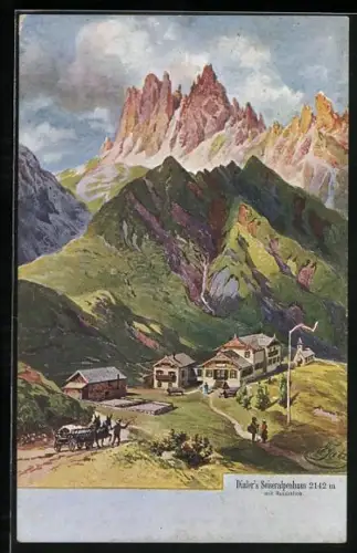 Künstler-AK Dialer`s Seiseralpenhaus mit Rosszähne, Berghütte