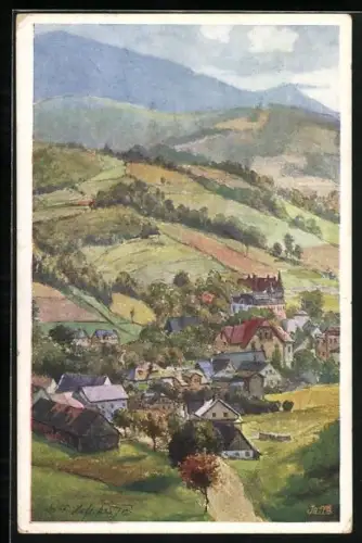 Künstler-AK E.F. Hofecker: Niederlindewiese, Totalansicht, Deutscher Schulverein