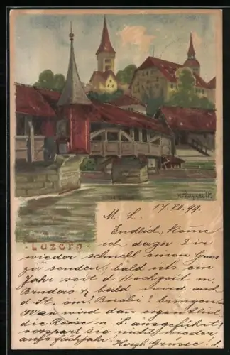 Künstler-AK Luzern, Teilansicht mit Spreuerbrücke vom Wasser aus