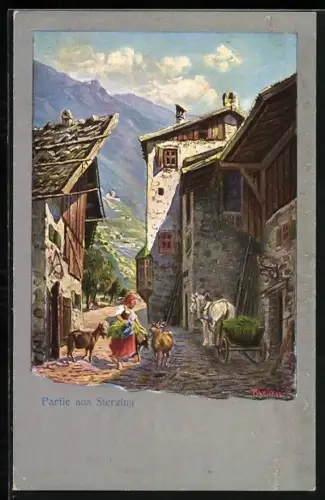 Künstler-AK Sterzing, Ortspartie mit Pferdewagen, Trachtenmädchen und Ziegen