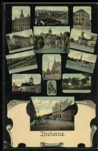 AK Strakonice, Kirche, Strassenansicht und Brücke