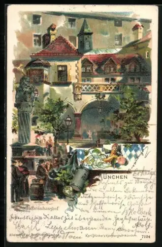 Künstler-AK T.Guggenberger: München, Hofbräuhof des Hofbräuhauses