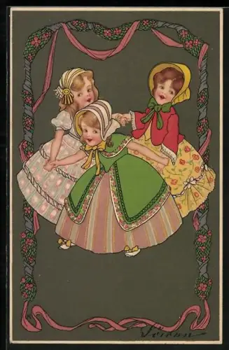 Künstler-AK Mädchen in bunten Kleidern beim Ringelreihen