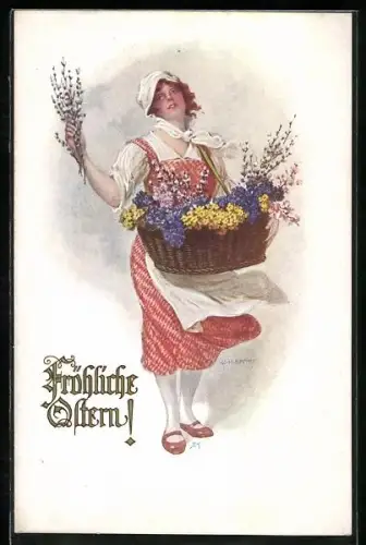 Künstler-AK W. Braun: Dame in Tracht mit Blumenkorb