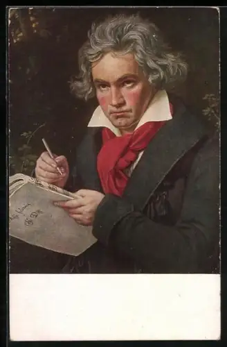 Künstler-AK Ludwig van Beethoven blickt aus seinem Notenheft auf