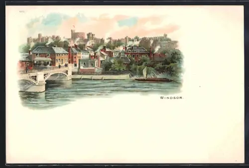 Künstler-AK Windsor, Uferpartie mit Brücke