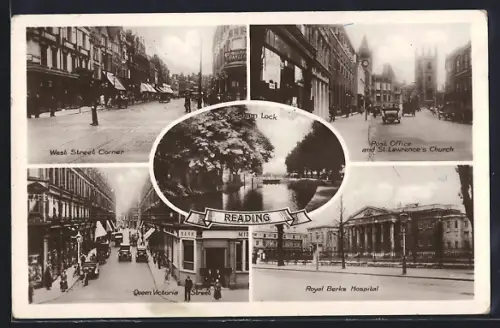 AK Reading, Post Office and St. Lawrence`s Church, West Street Corner, Royal Berks Hospital