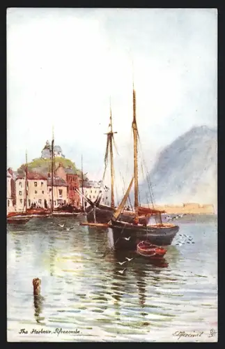 Künstler-AK Ilfracombe, The Harbour, Hafen mit Segelschiffen