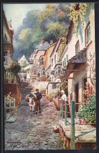 AK Clovelly, High Street mit Häuserzeile und Lastenesel