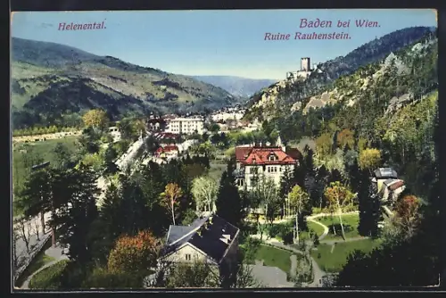 AK Baden bei Wien, Ortsansicht mit Helenental und Ruine Rauhenstein