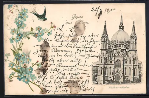 AK Wien, Fünfhaus, Fünfhauserkirche im Blumen-Passepartout